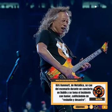 Kirk Hammett, de Metallica, se cae del escenario durante un concierto en Dublín y se toma el incidente con humor, calificándolo de "resbalón y desastre".