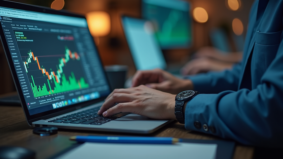 Close-up view of a trader analyzing binary options on a laptop