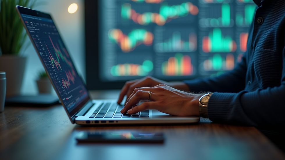 Close-up view of a trader analyzing charts on a laptop