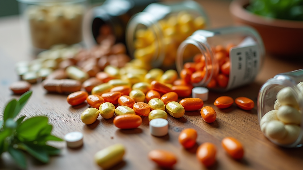 Close-up view of a colorful assortment of vitamins and supplements on a wooden table