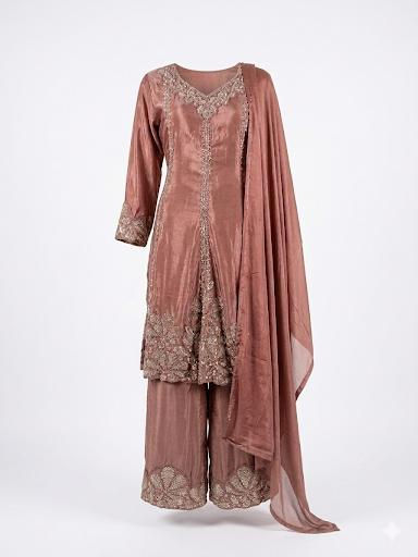 This is an elegant Dusty Rose silk suit featuring intricate Zari and sequin embr