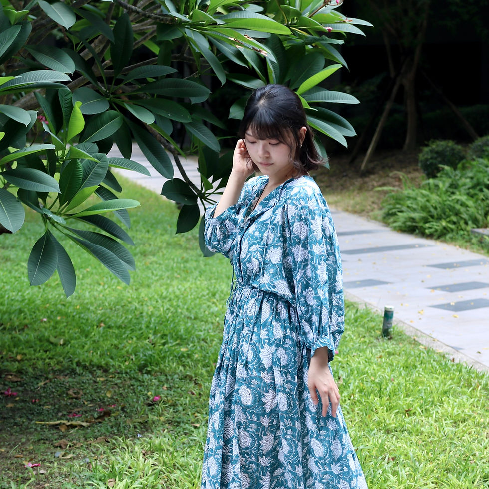 縮圖：印度｜Block Print洋裝 ·  藍綠荷花