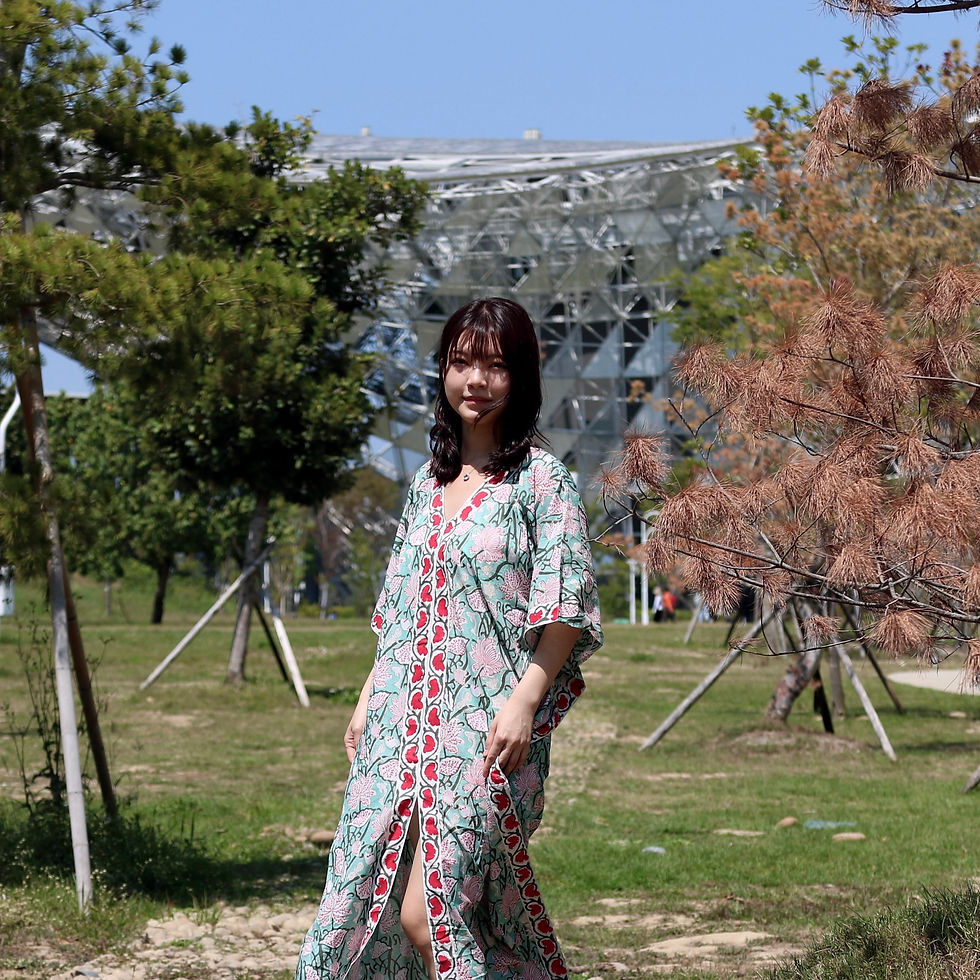 縮圖：印度｜木印刻洋裝·薄荷粉花