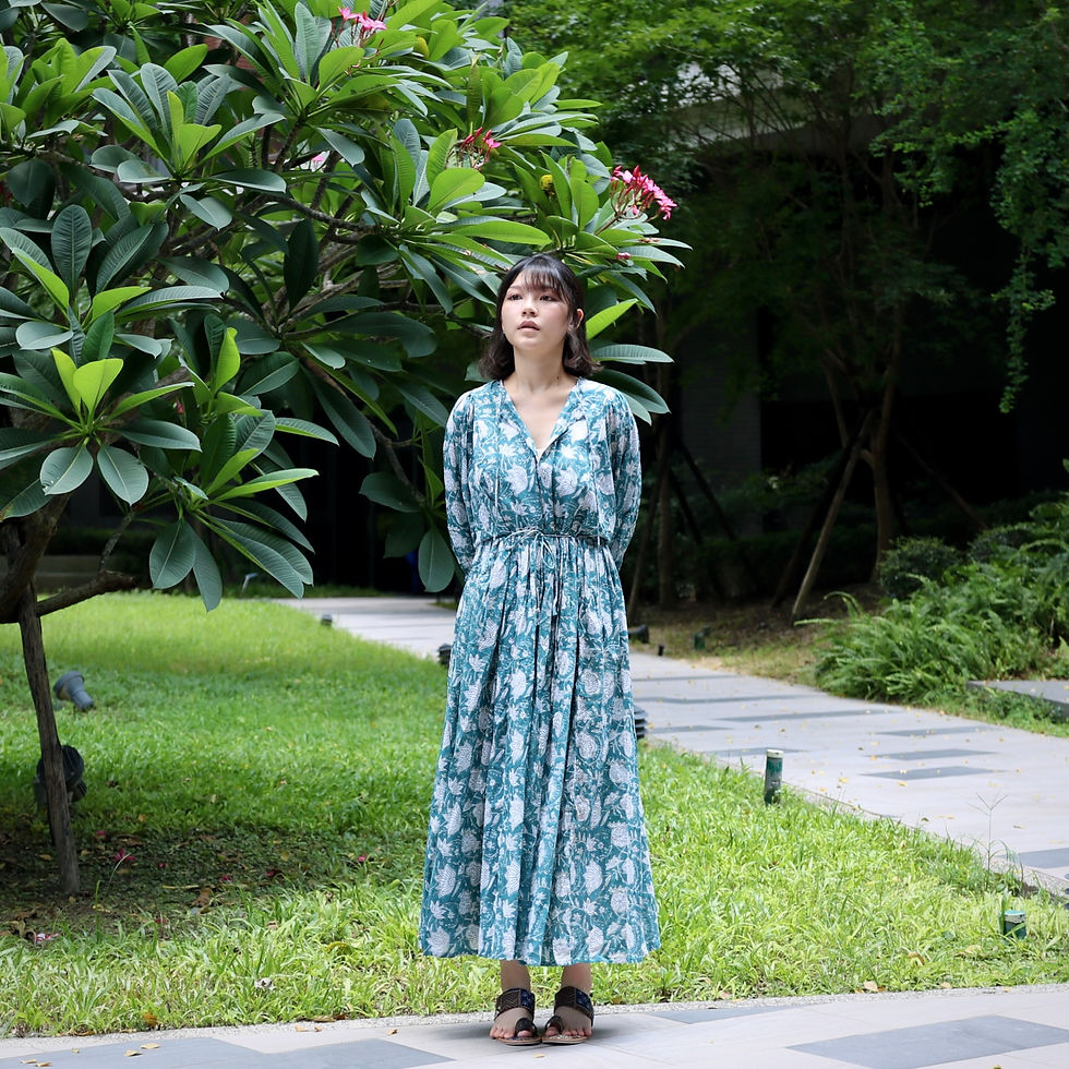 縮圖：印度｜Block Print洋裝 ·  藍綠荷花