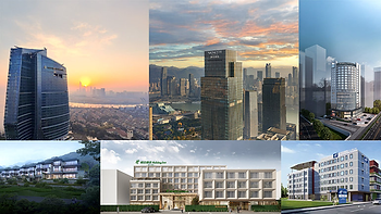 Top row from left to right: InterContinental Huzhou South Taihu, TFT Chongqing Vignette Collection, Atwell Hefei Downtown - Bottom row from left to right: Holiday Inn Resort Ningbo Ninghai, Holiday Inn Jinan Daming Lake, Holiday Inn Express Nanjing Confucius Temple