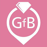 White logo stating GfB with a diamond placed on pink background.