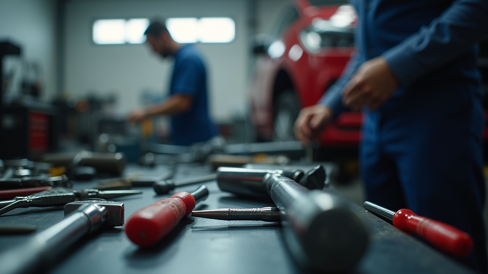 Close-up view of a car repair workshop with tools and equipment