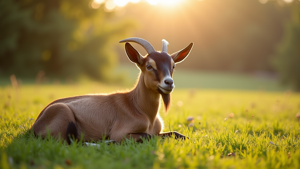 Close-up view of a Nigerian Dwarf goat in a sunny pasture