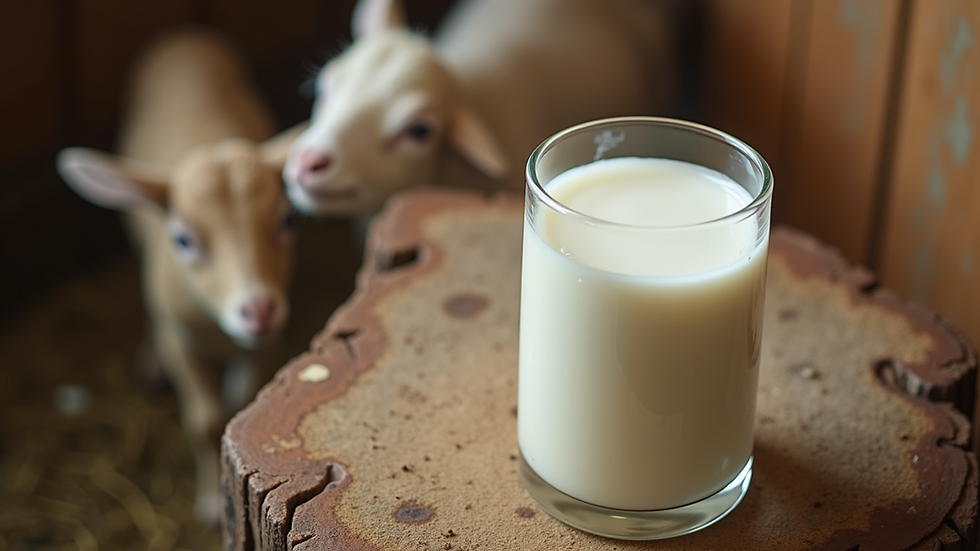 High angle view of fresh goat's milk in a rustic setting