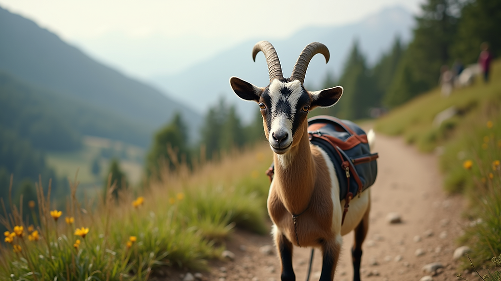 Eye-level view of a Nigerian Dwarf goat carrying a small backpack on a hiking trail
