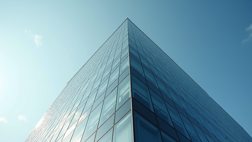 Eye-level view of a modern office building in Kazakhstan with a clear sky