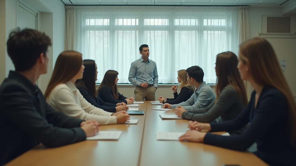 Eye-level view of a classroom with students practicing English speaking