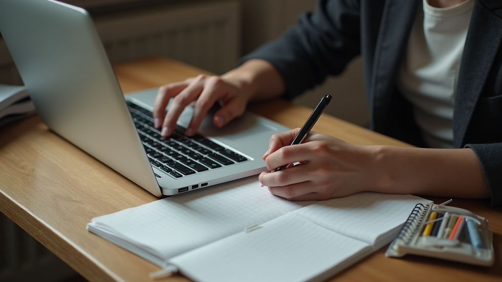 High angle view of a student studying English with a laptop and notes