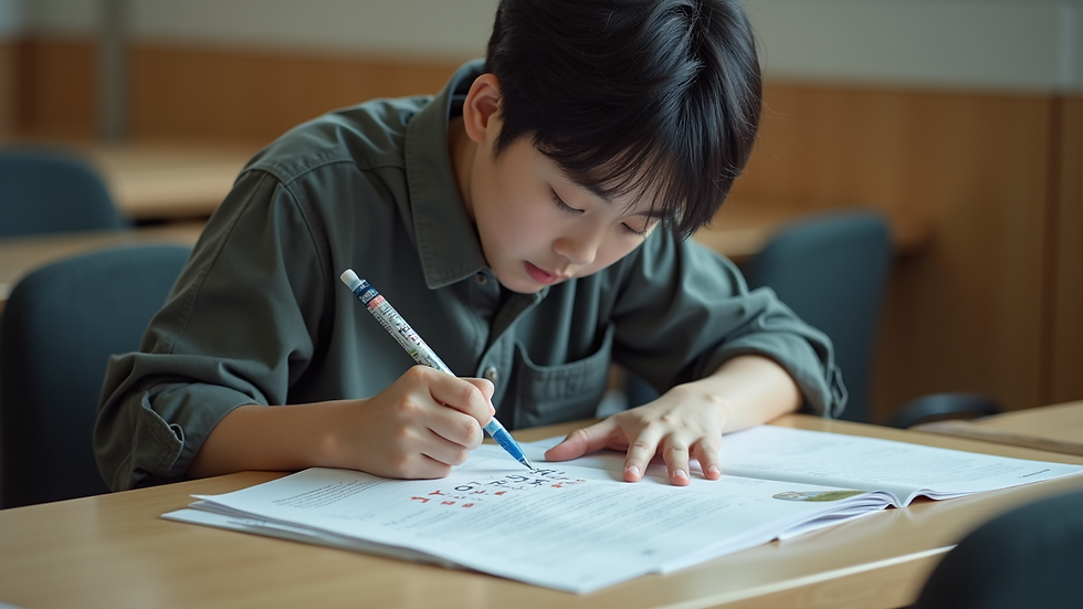 High angle view of a student studying Korean language materials at a desk