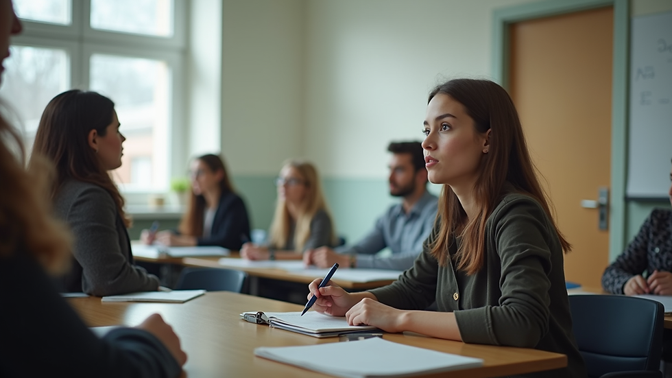 Eye-level view of a language classroom with students practicing speaking