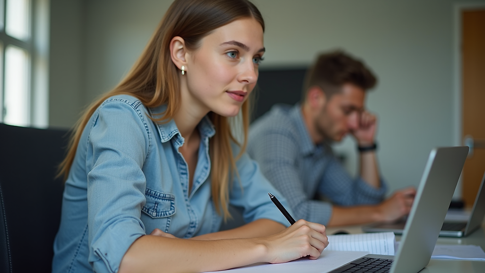 Eye-level view of a student practicing IELTS speaking with a timer