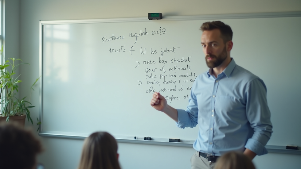 Close-up view of a teacher explaining English grammar on a whiteboard