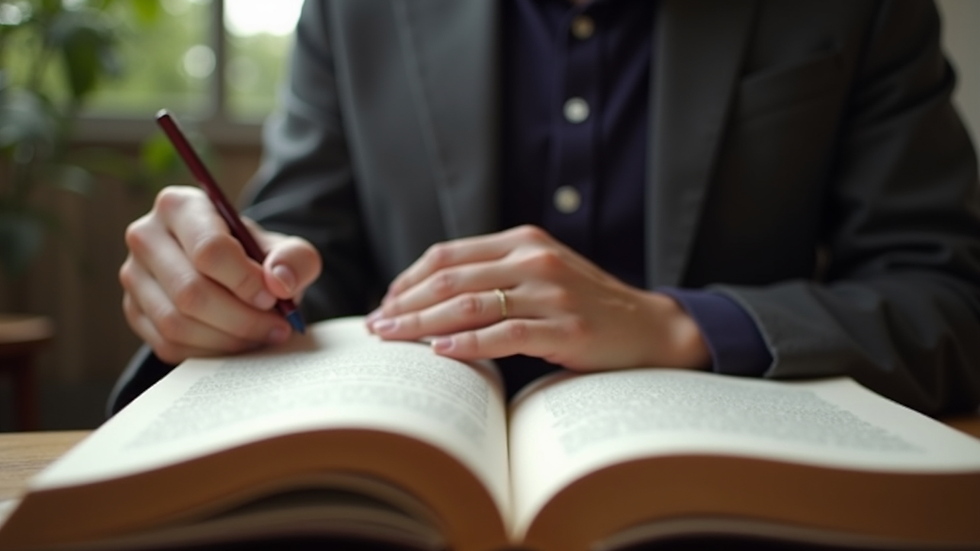 Eye-level view of a person reading an English book with notes