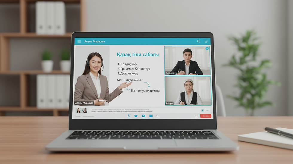 Eye-level view of a laptop screen showing an online Kazakh language lesson
