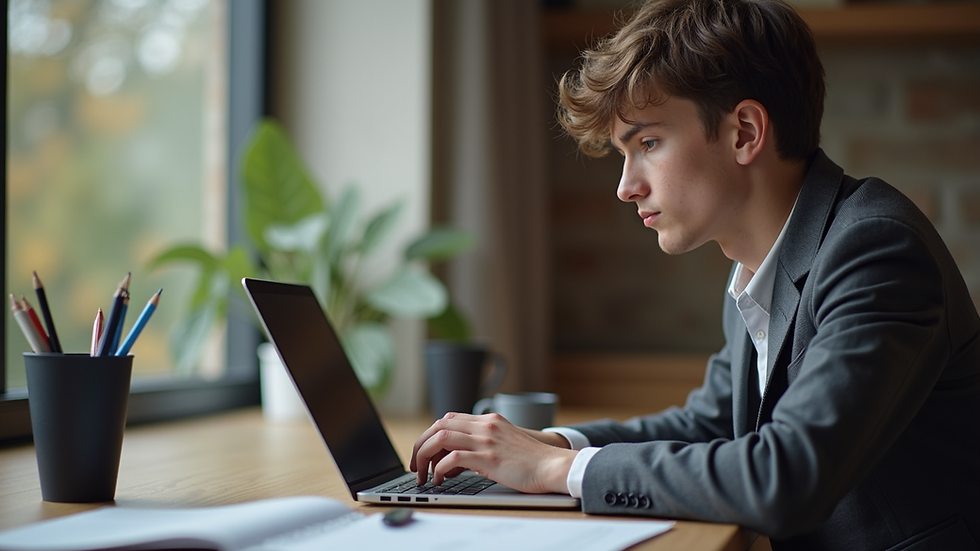 Eye-level view of a young professional studying English on a laptop