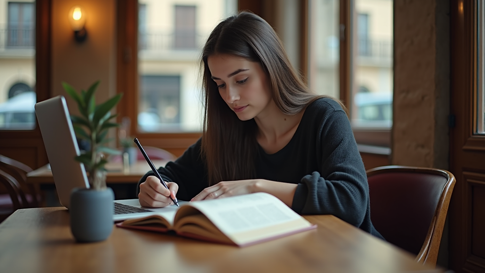 Close-up view of a student studying with a laptop and books in a Barcelona café