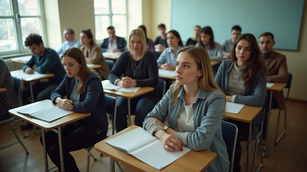 High angle view of a classroom with students attending an IELTS training session in Almaty