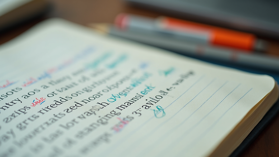 Close-up of a notebook with English vocabulary and colorful notes
