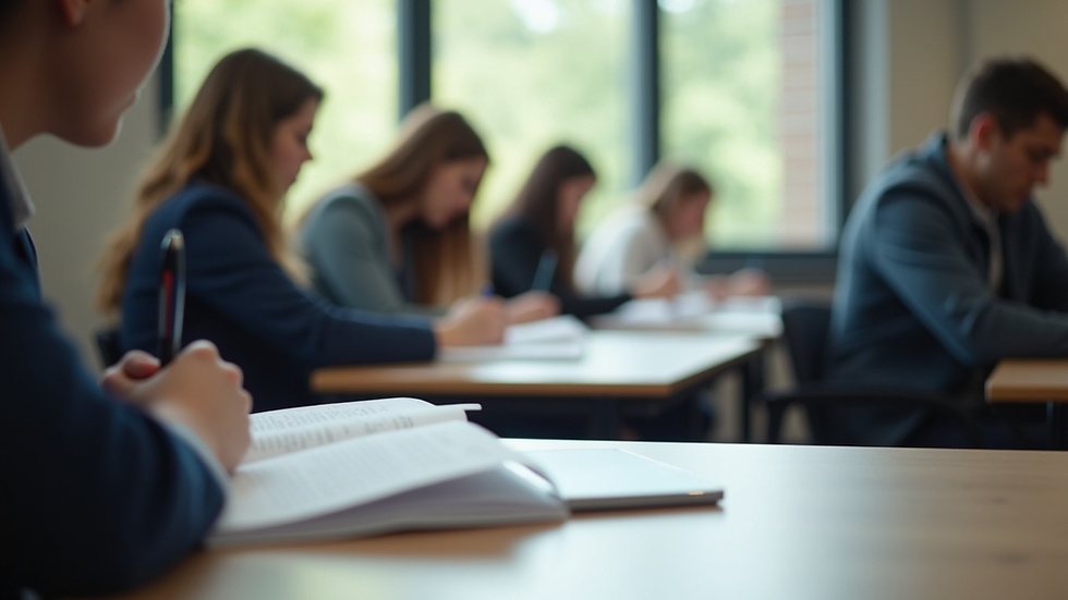 Eye-level view of a classroom with students preparing for IELTS exam