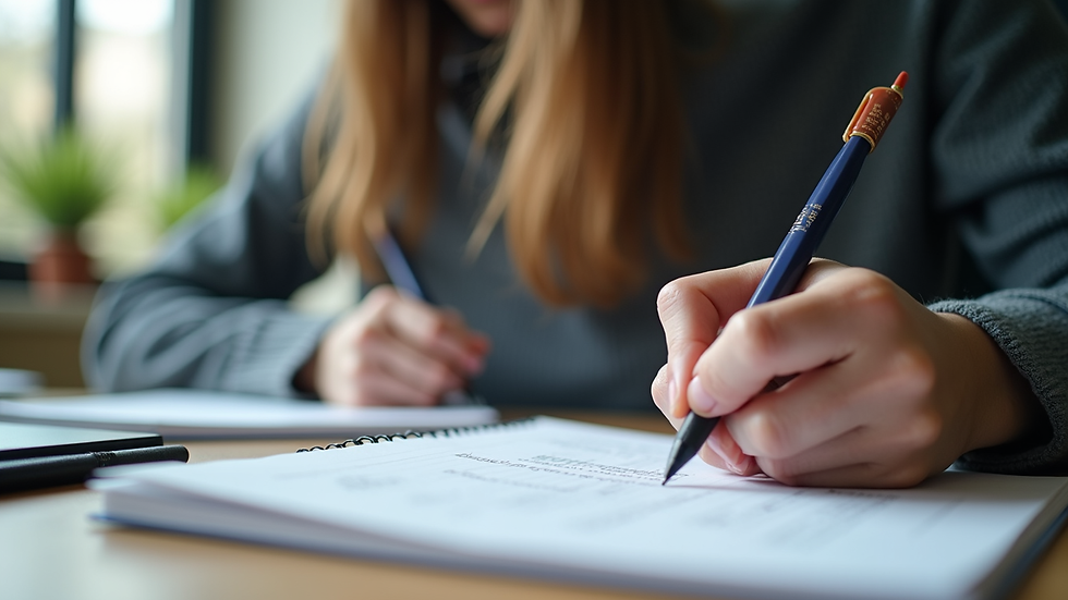 Eye-level view of a student preparing for IELTS exam with study materials