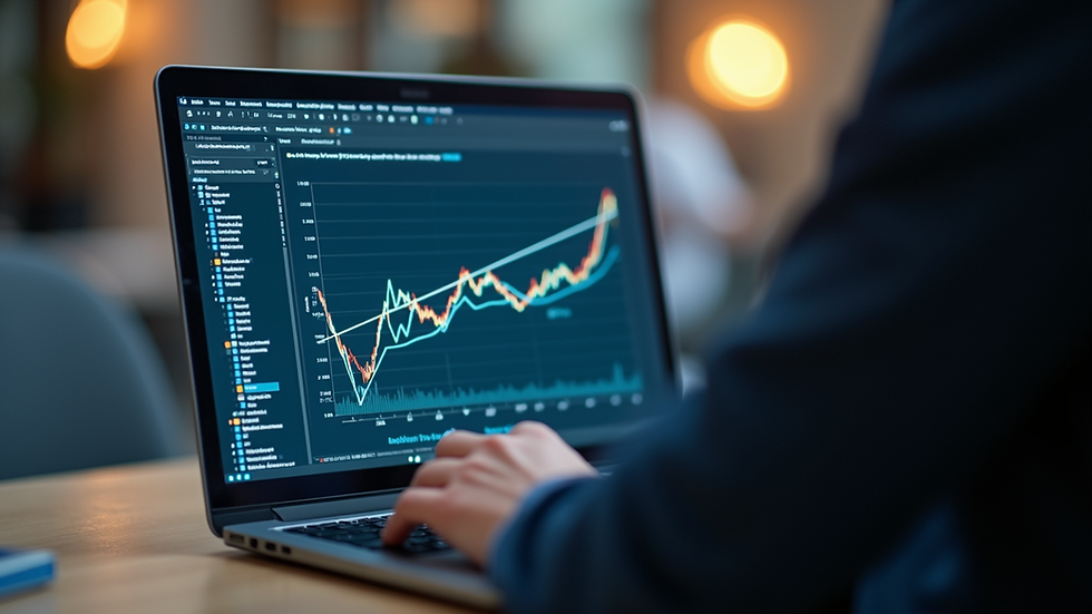 Eye-level view of a student analysing a line graph on a laptop screen