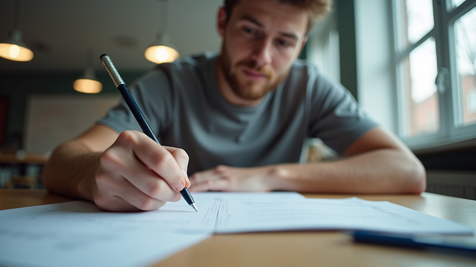 Eye-level view of a student studying IELTS materials at a desk