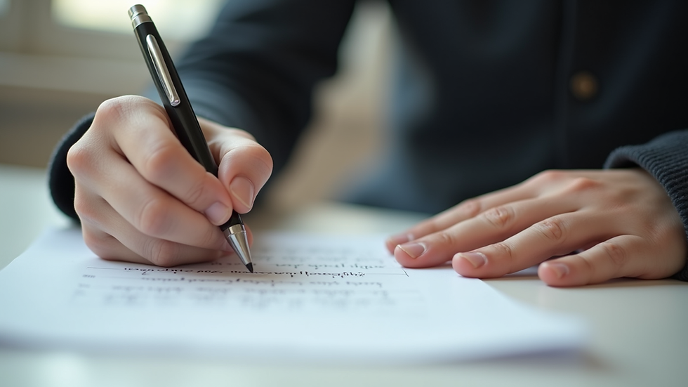 Close-up view of a student writing IELTS practice test