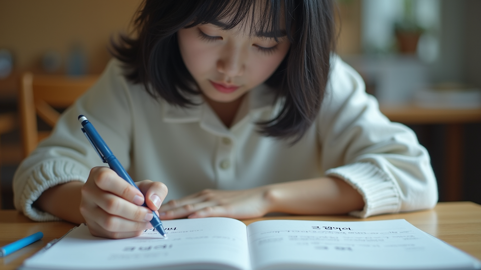 Eye-level view of a student studying Korean language materials