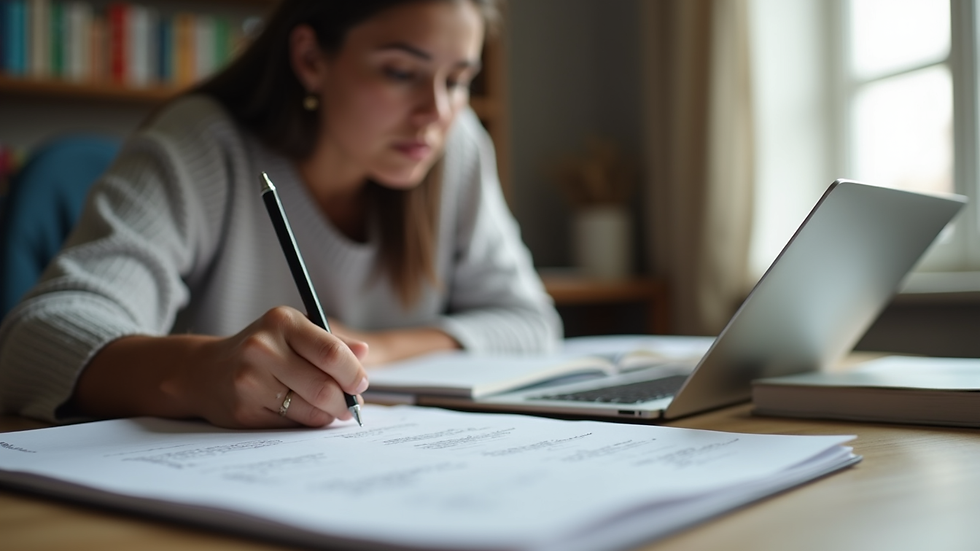 Eye-level view of a student preparing for IELTS exam with books and laptop