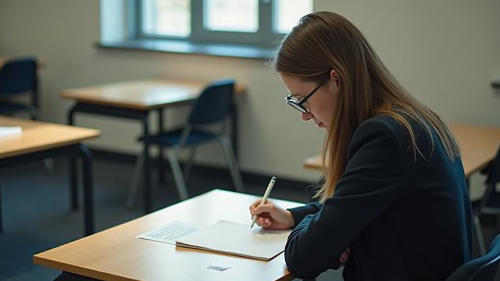 High angle view of a student taking an IELTS mock test in a quiet room