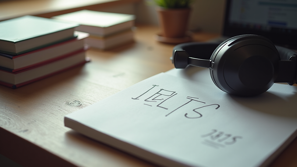 High angle view of a study desk with IELTS preparation books and headphones