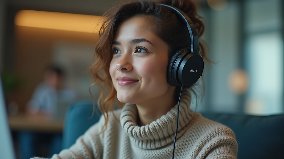 Eye-level view of a student listening to an IELTS podcast on headphones
