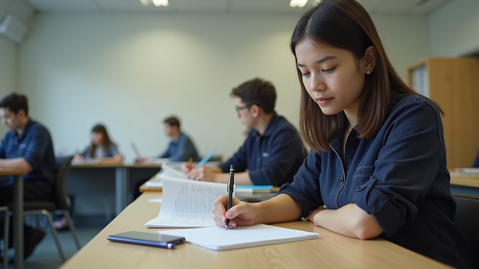 Eye-level view of a student studying IELTS materials at a desk in a quiet room
