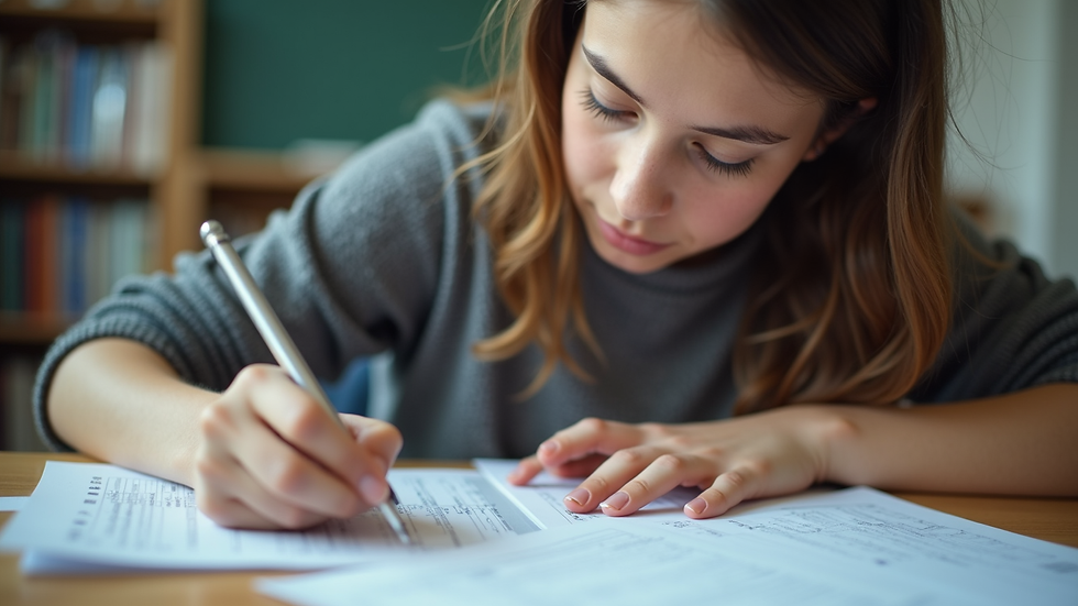 Close-up of a student studying English exam materials