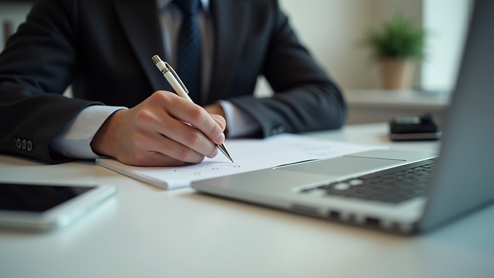 High angle view of a professional writing notes during an online English lesson