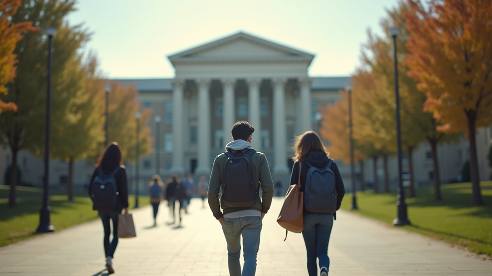 Wide angle view of a university campus with international students walking