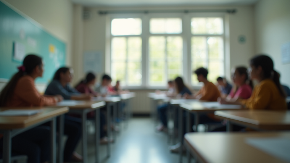 Eye-level view of a classroom with students learning English