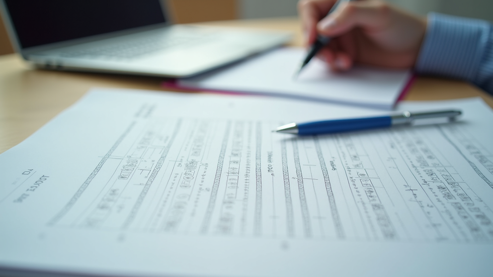 Close-up view of IELTS practice test papers and correction notes