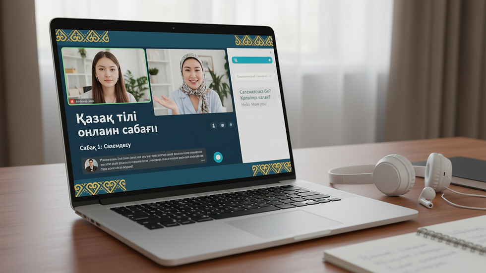 Eye-level view of a laptop screen showing an online Kazakh language lesson