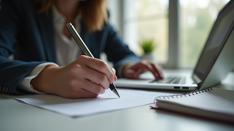 Eye-level view of a student writing an IELTS essay with a laptop and notes
