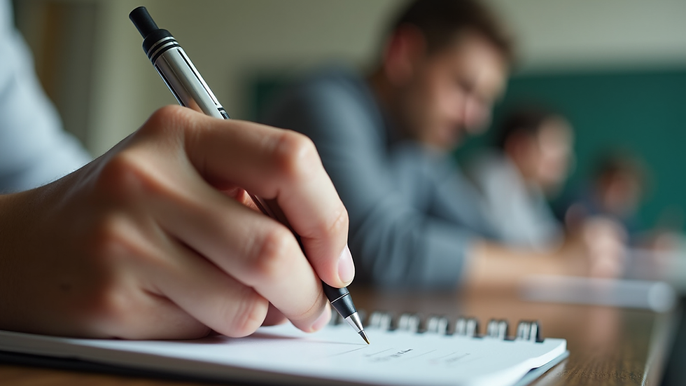Close-up view of a student writing notes during an English language class