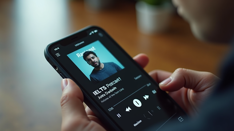 Close-up of a smartphone screen showing an IELTS podcast episode playing