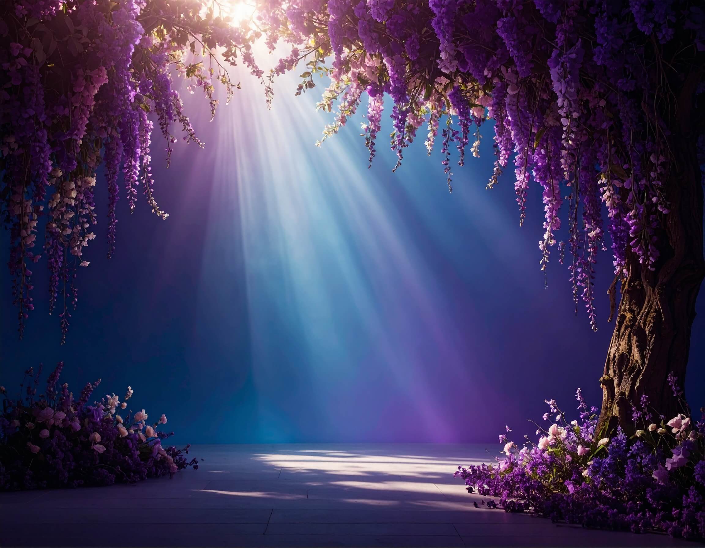 Soft, diffused light breaking through translucent layers of purple flowers.