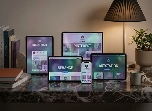 A desk with a tablet and phone showing Instagram, Pinterest, Behance, and ArtStation interfaces. A lamp, books, plant, and mug create a cozy ambiance.