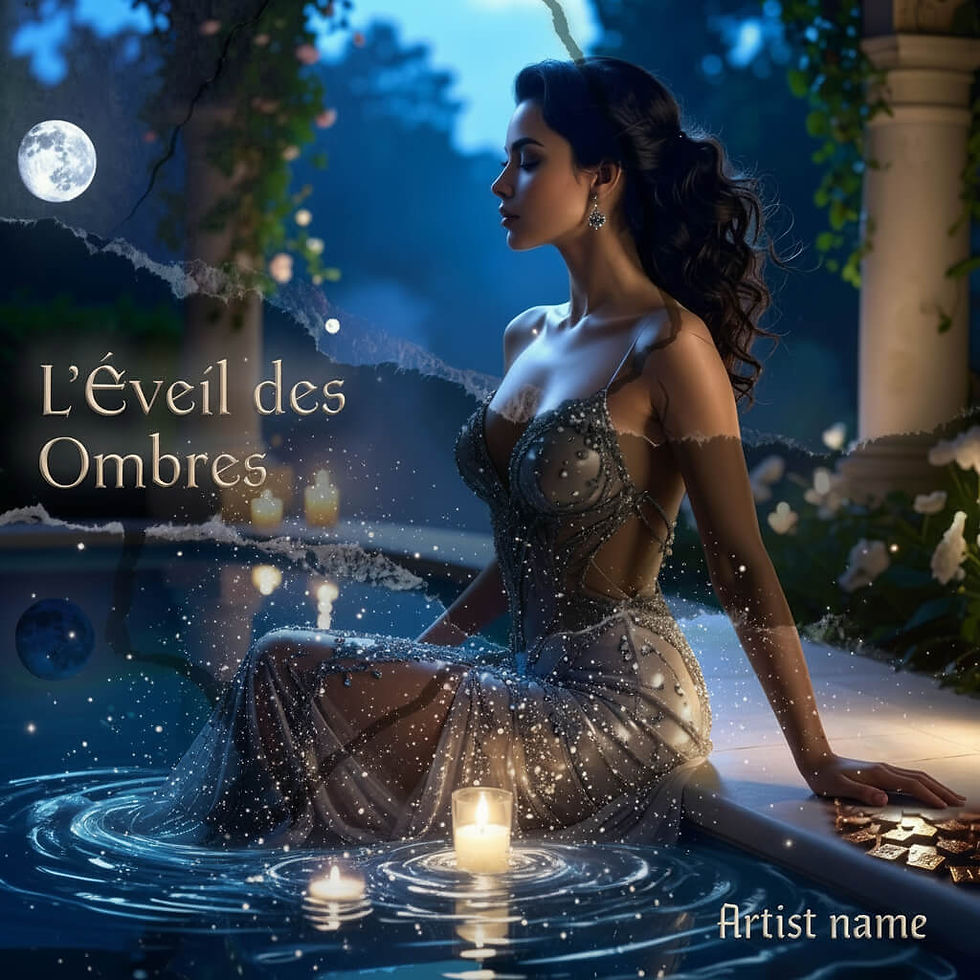 Dark ambient album cover mockup with A woman in an elegant dress sits by a moonlit pool with floating candles; album text "L’Éveil des Ombres" and "Artist name" appear on the image.